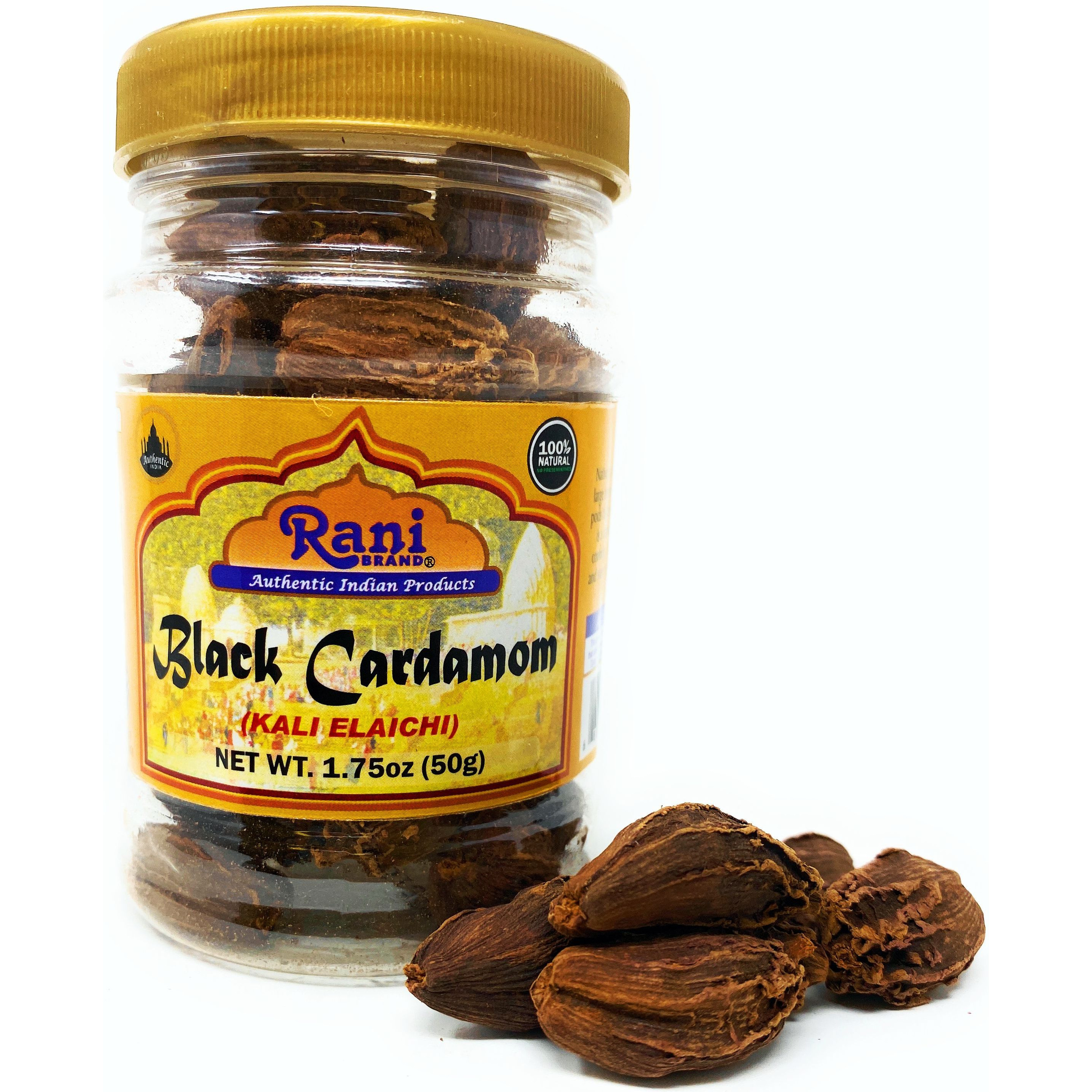 Rani Black Cardamom Pods (Kali Elachi) Whole Indian Spice 1.75oz (50g) Pet Jar ~ Natural | Vegan | Gluten Free Ingredients | NON-GMO | Indian Origin ~ Smokey | Tsaoko | Cao Guo | Bach Dan Khau | Badi