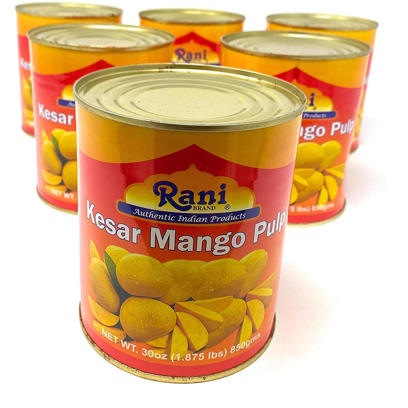 Rani Mango Pulp Puree (Makes Mango Lassi Shakes) Kesar Sweetened (6 pack) 30oz (1.875lbs) 850g ~ All Natural | NON-GMO | Vegan | No colors | Gluten Friendly | Indian Origin