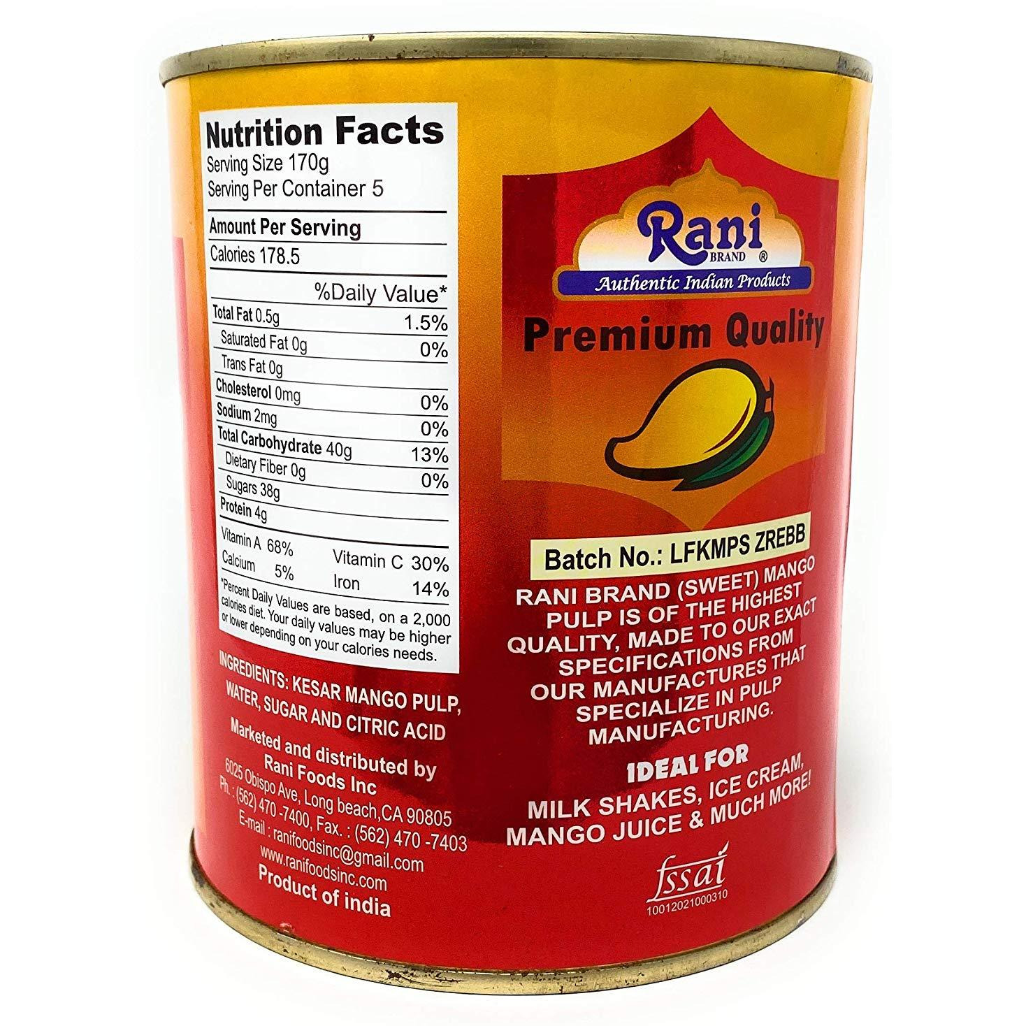 Rani Mango Pulp Puree (Makes Mango Lassi Shakes) Kesar Sweetened (6 pack) 30oz (1.875lbs) 850g ~ All Natural | NON-GMO | Vegan | No colors | Gluten Friendly | Indian Origin