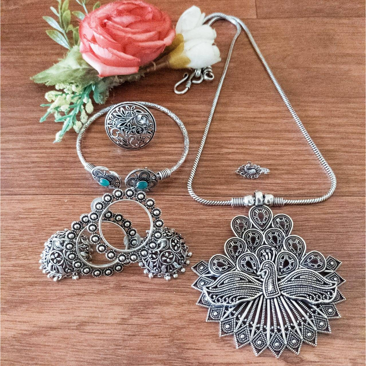 Oxidised jewelry set of 5, Indian ethnic jewelry, German silver jewelry set, SLA, bohemian, temple jewelry, handmade kemp statement jewelry