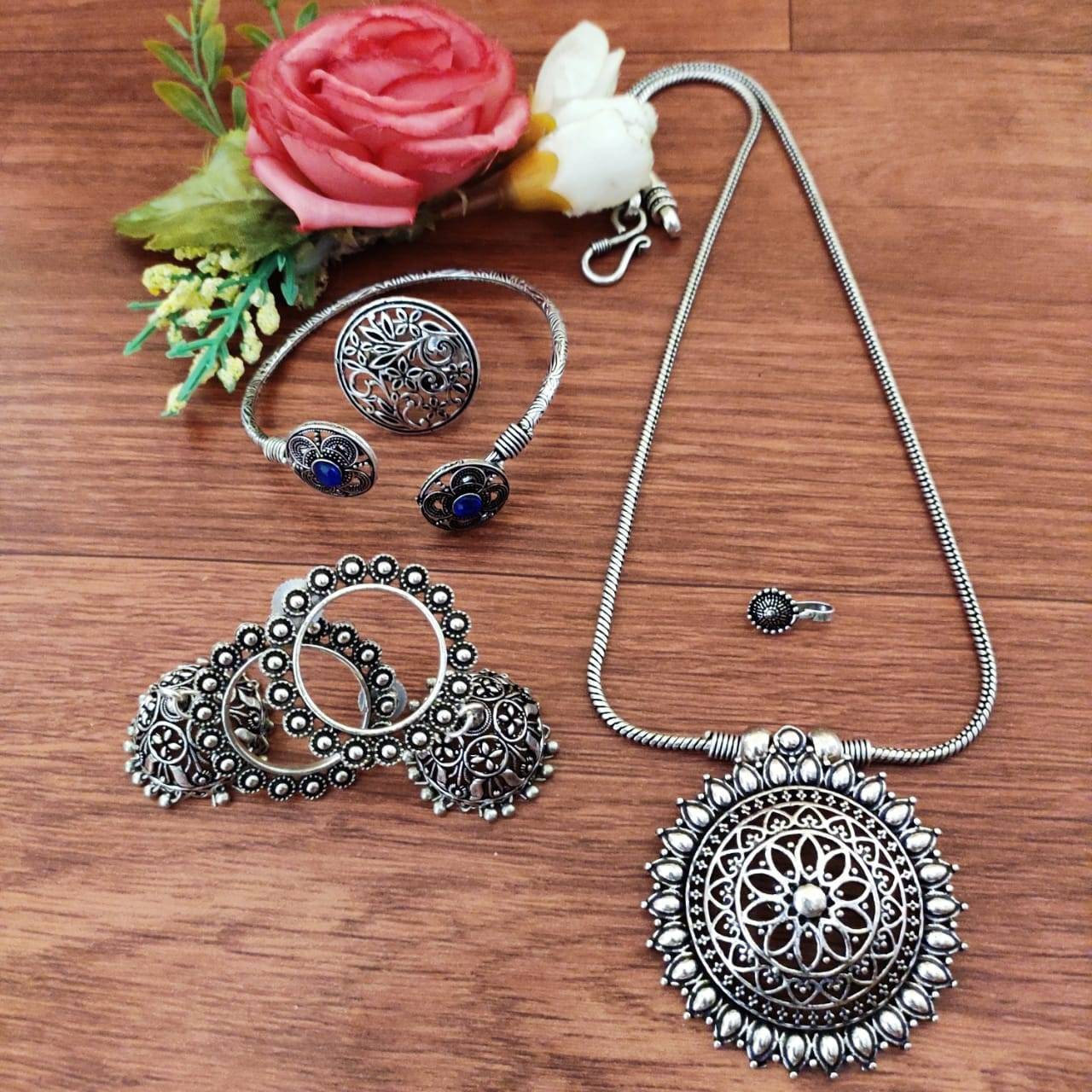 Oxidised jewelry set of 5, Indian ethnic jewelry, German silver jewelry set, SLA, bohemian, temple jewelry, handmade kemp statement jewelry