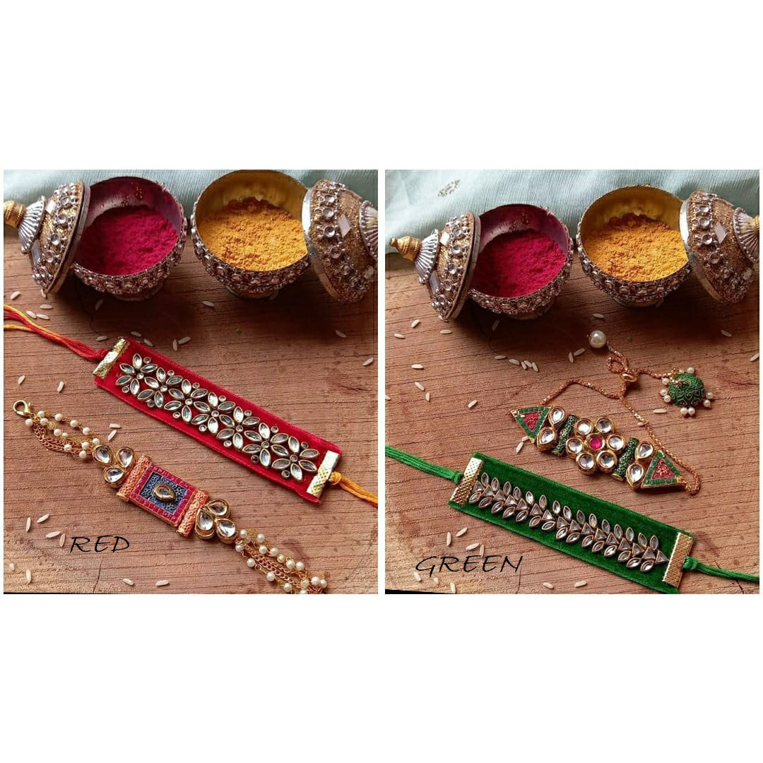 Kundan, Stone & Pearls Rakhi for Brother and Bhabhi Thread Bracelet, Couple Rakhi, Pair Rakhi, Bhaiya Rakhi for Festival Of Raksha Bandhan