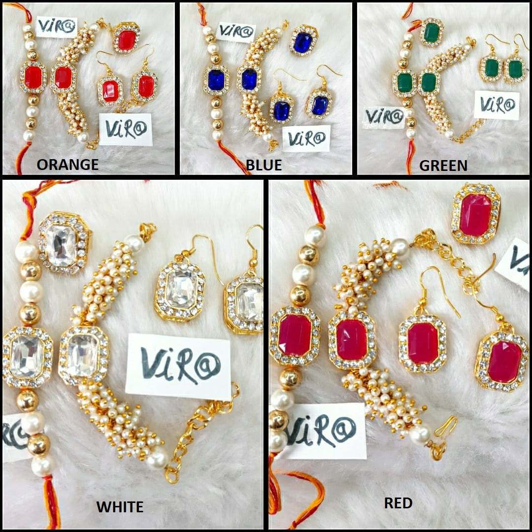 Stone & Pearls Rakhi for Brother and Bhabhi Thread Bracelet, Couple Rakhi, Pair Rakhi, Bhaiya Rakhi for Festival Of Raksha Bandhan with gift