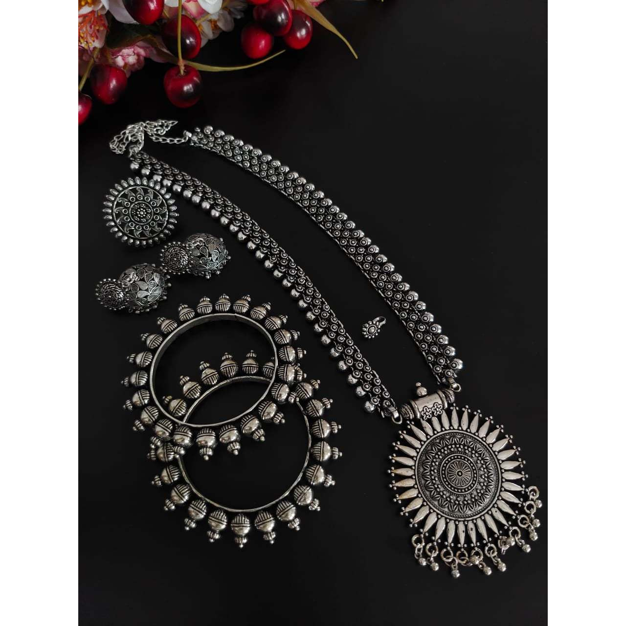 Long Necklace Set, Oxidised Necklace Set, Indian Ethnic Jewelry, Oxidized Jewelry Set, Temple Jewelry, Wedding Jewelry, Bridal Jewelry