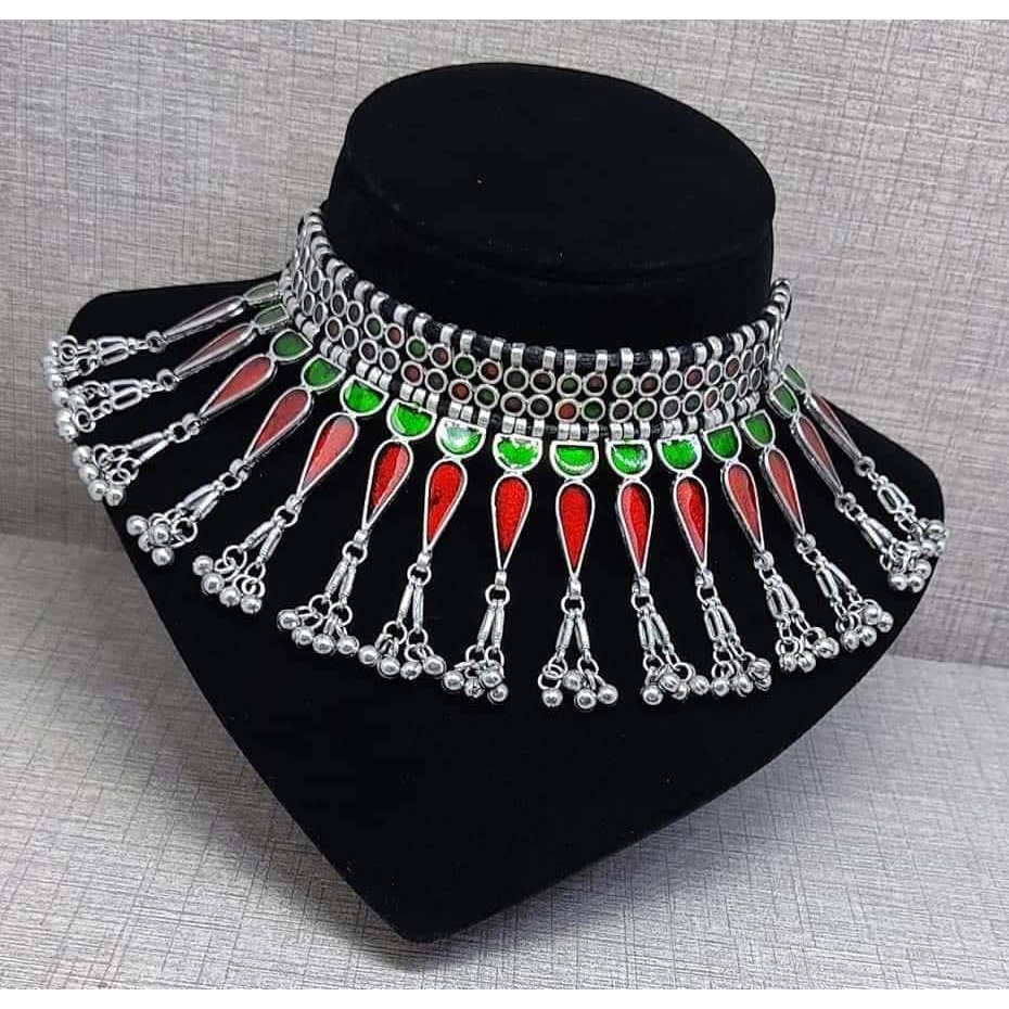 Afghani glass ghunghroo choker bib necklace, multicolor choker, Indian handmade jewellery, silver look multicolor boho gypsy jewellery gift