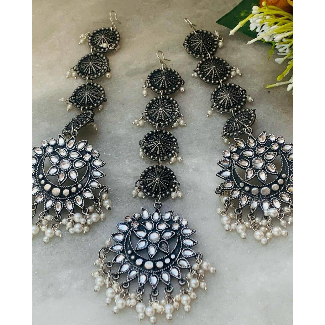 Zirconia oxidised pearl mangtikka earring set, long earrings, Indian jewellery,boho hippie jewelery, wedding jewellery, anniversary gift