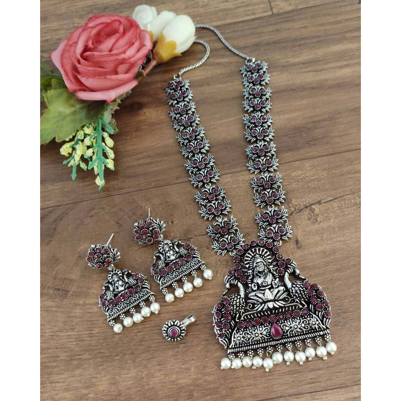 Antique temple jewelry, oxidised jewelry set,laxmi god German silver set, handmade, kemp jewellery, oxidised jewelry set, kolhapuri necklace