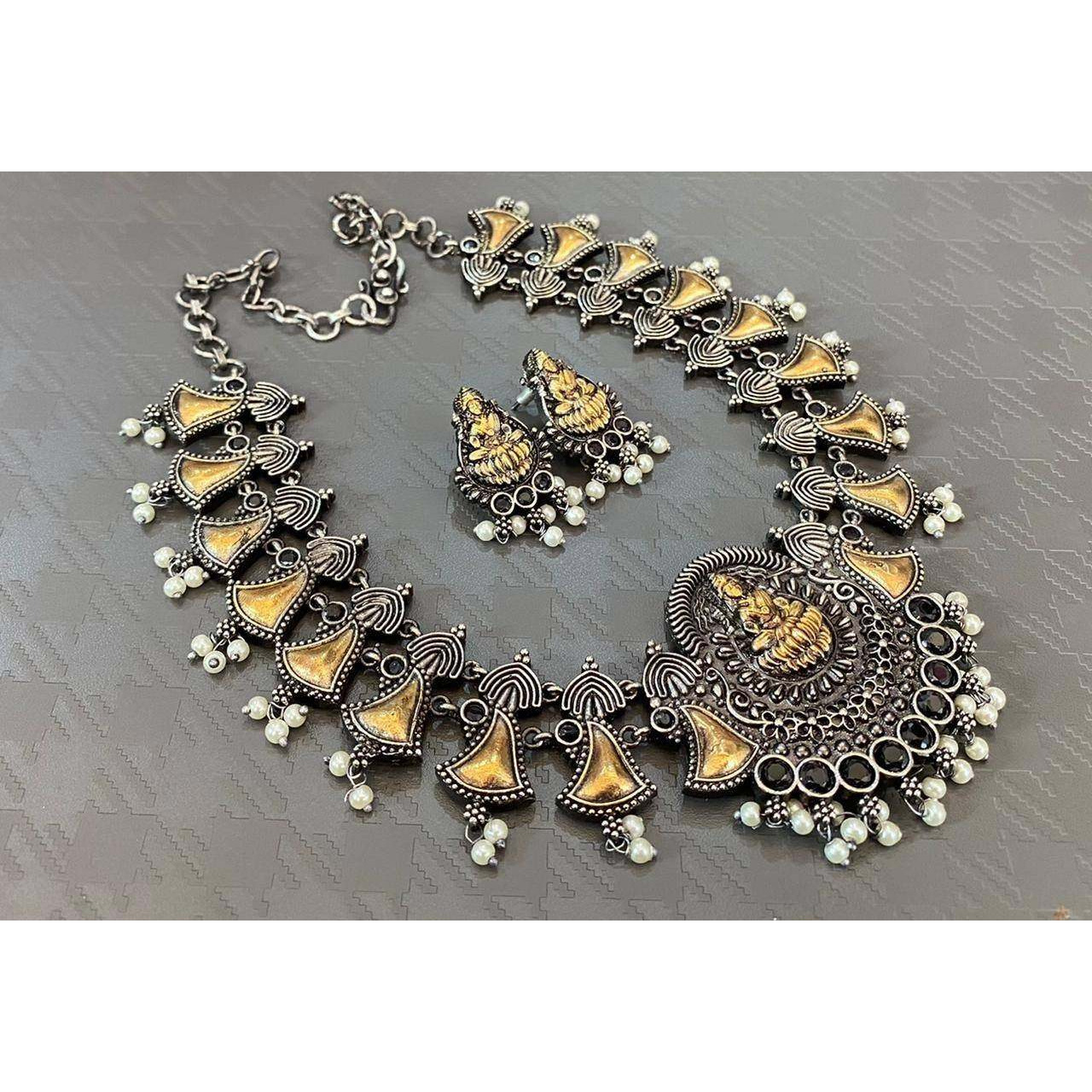 Dual Tone Temple Jewellery Set, Indian Jewellery, Wedding Traditional Jewelry, Stone Studded Dual Tone With Pearls, South Indian Jewellery