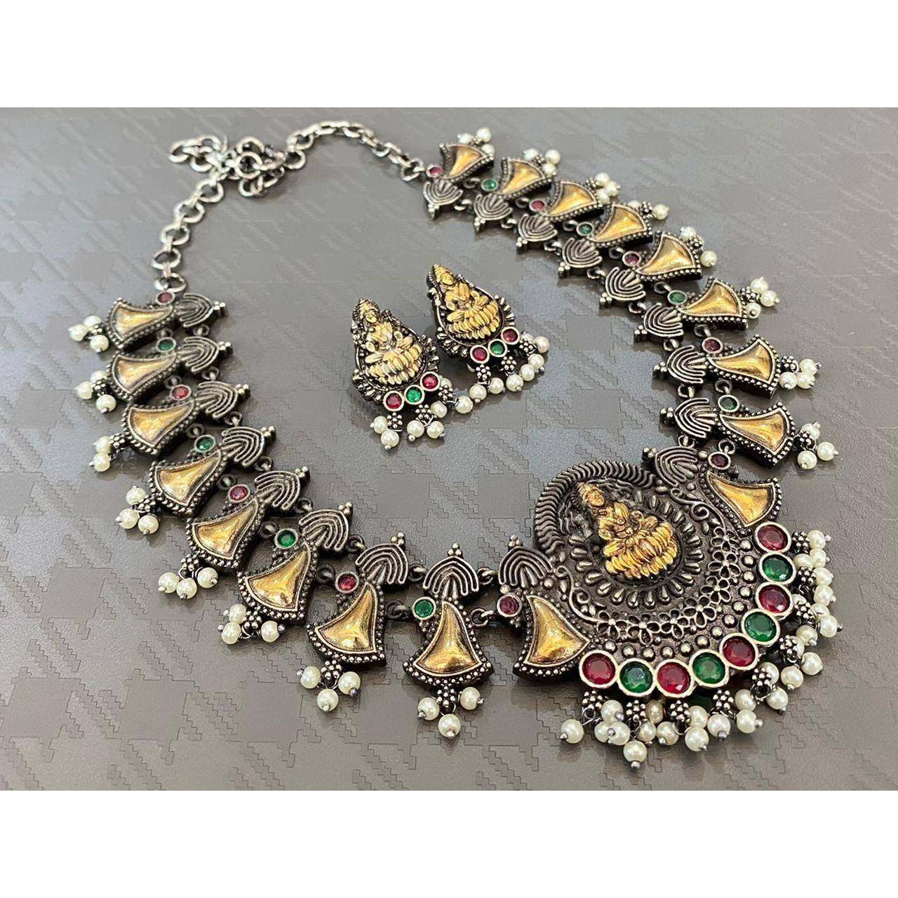 Dual Tone Temple Jewellery Set, Indian Jewellery, Wedding Traditional Jewelry, Stone Studded Dual Tone With Pearls, South Indian Jewellery