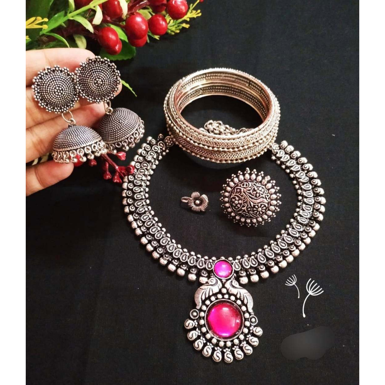 Antique German Silver Indian ethnic traditional choker set with bangles and earrings/set  of 4 / oxidised boho tribal oxidized necklace set