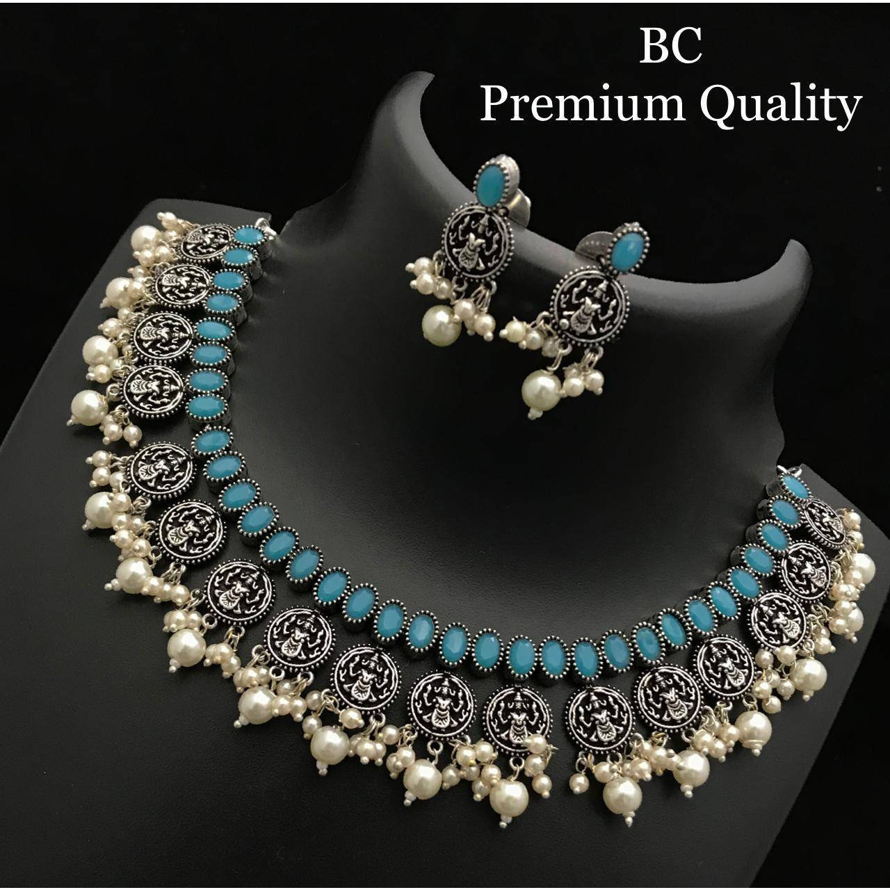 Indian jewellery, south Indian stone jewellery, German silver oxidised set, gifts for her, pearl stone jewellery, choker set, ethnic jewelry