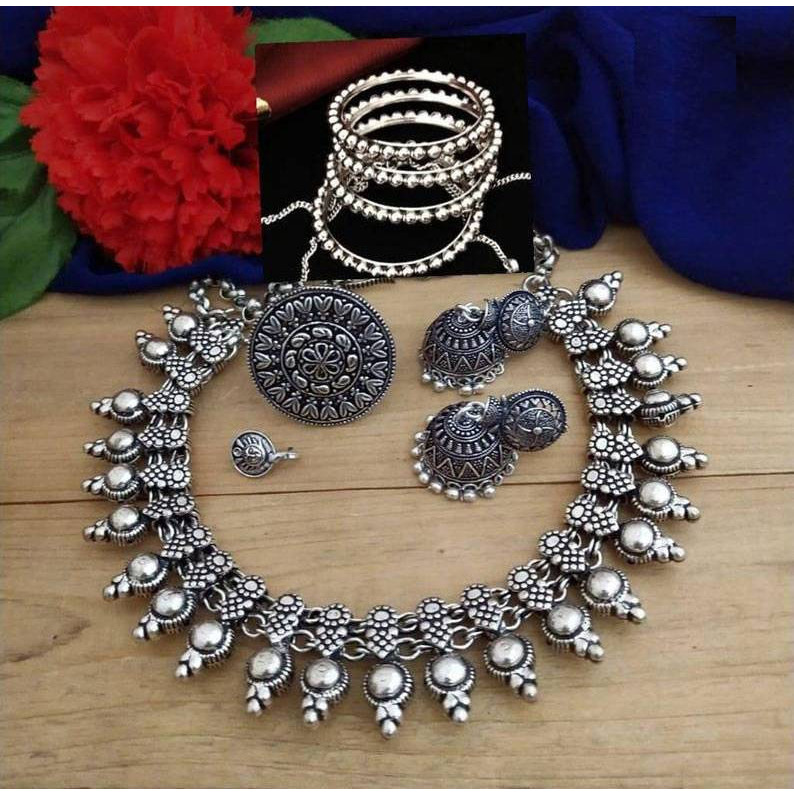 Indian Silver Statement Ethnic German Silver Oxidized Set | Oxidized Set | Boho Jewelry | Bib Necklace | Choker Jewelry Set of 5