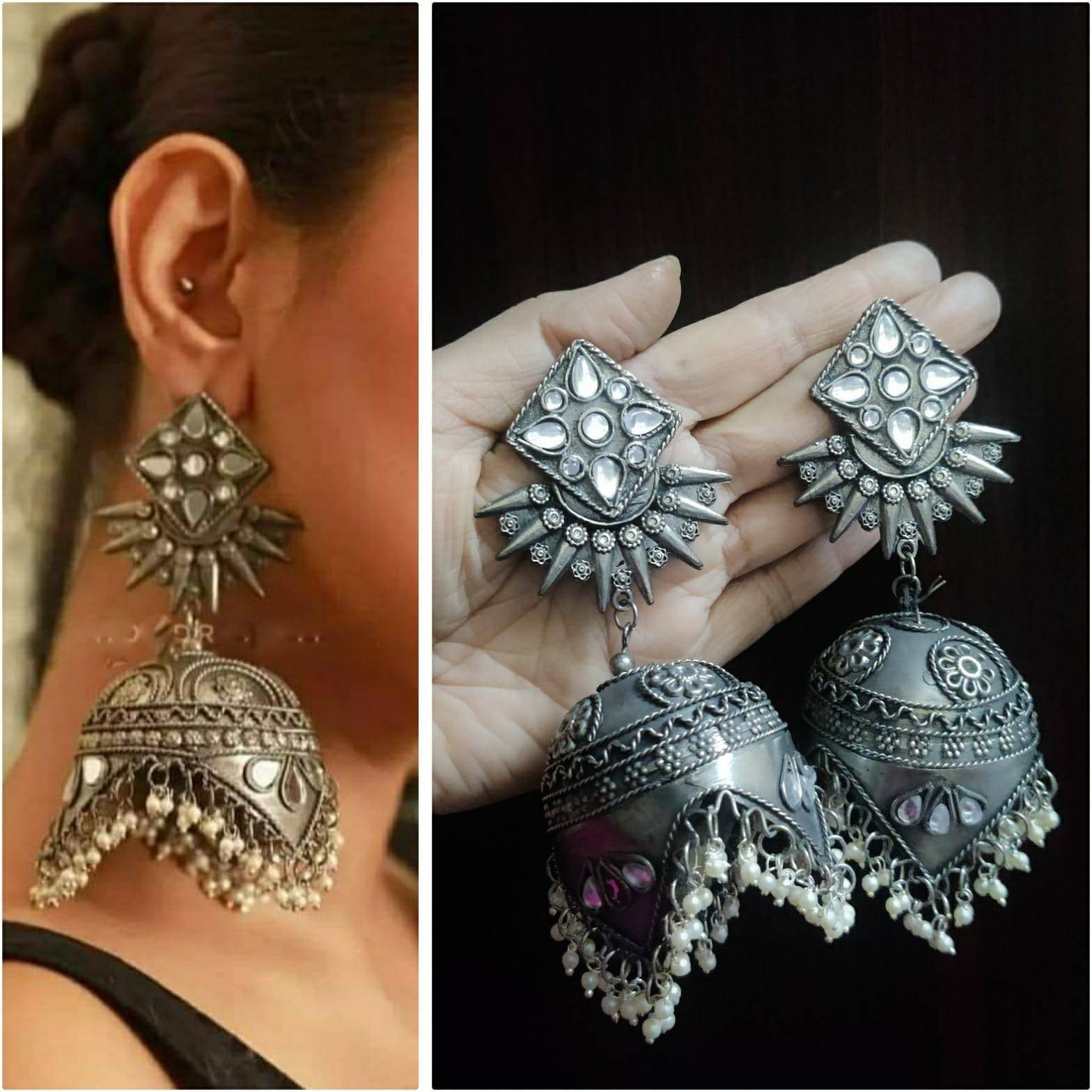 This beautiful set of 6 has a big long Haram necklace with a choker silver necklace, pair of jhumka earrings, a ring,pair of bangles, and a nose pin.Grab this beautiful set with any of the ethnic/ Indo western outfit and look unique in the crowdThe Perfect Gift : Ideal for the Woman who loves products that are Handmade In India and artisinal. All occassion jewelery for through out the year from Valentines Day ,a Special Birthday or an Anniversary gift for your special one. 100% Genuine Quality P