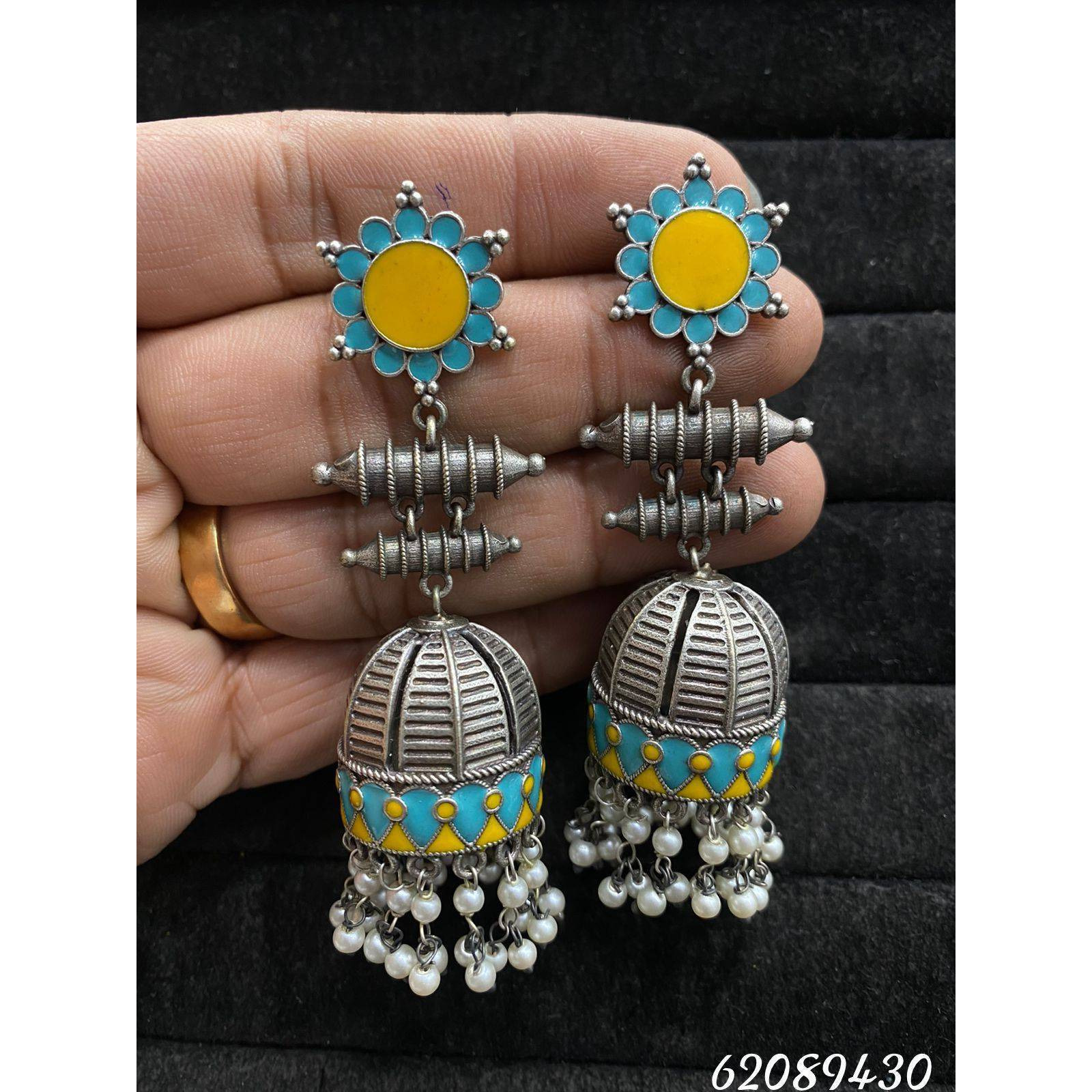 Beautiful Cage Scripted Jhumka Earrings, Oxidised Earrings With Pearls, Long Earrings, Indian Earrings, Bollywood Celebrity EarringsIf you are crazy about oxidized jewellery, and specifically in love with huge oxidized jhumkas then this pair of earrings is a must-have for your collection! These birdcage scripted huge earrings will make you the queen of the crowd. This pair can amp up any ethnic outfit on any given day. Wear them in college, office, or an event, you definitely going to turn heads