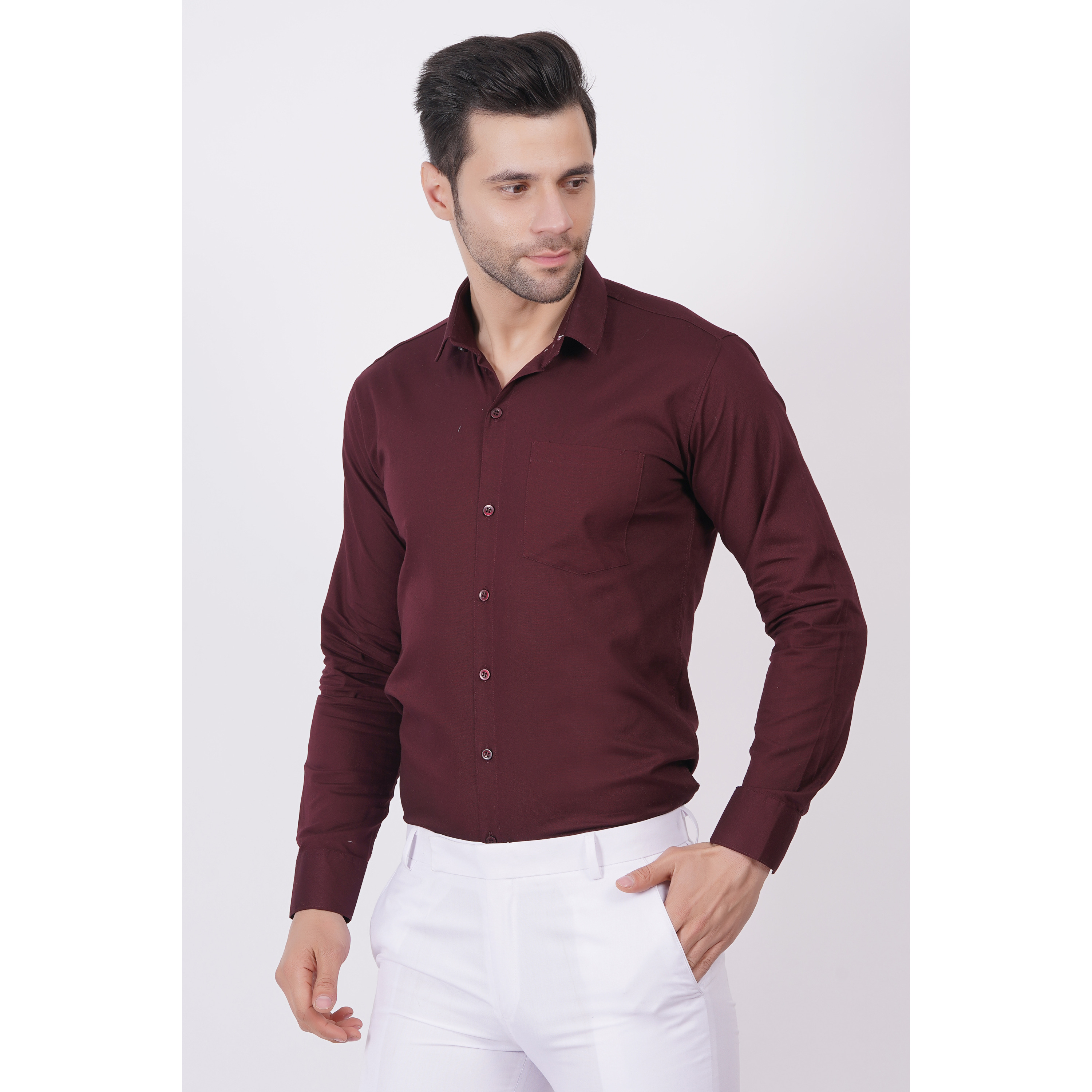 MEN SULL SLEEVE COTTON BROWN SHIRT WITH CHEST POCKET