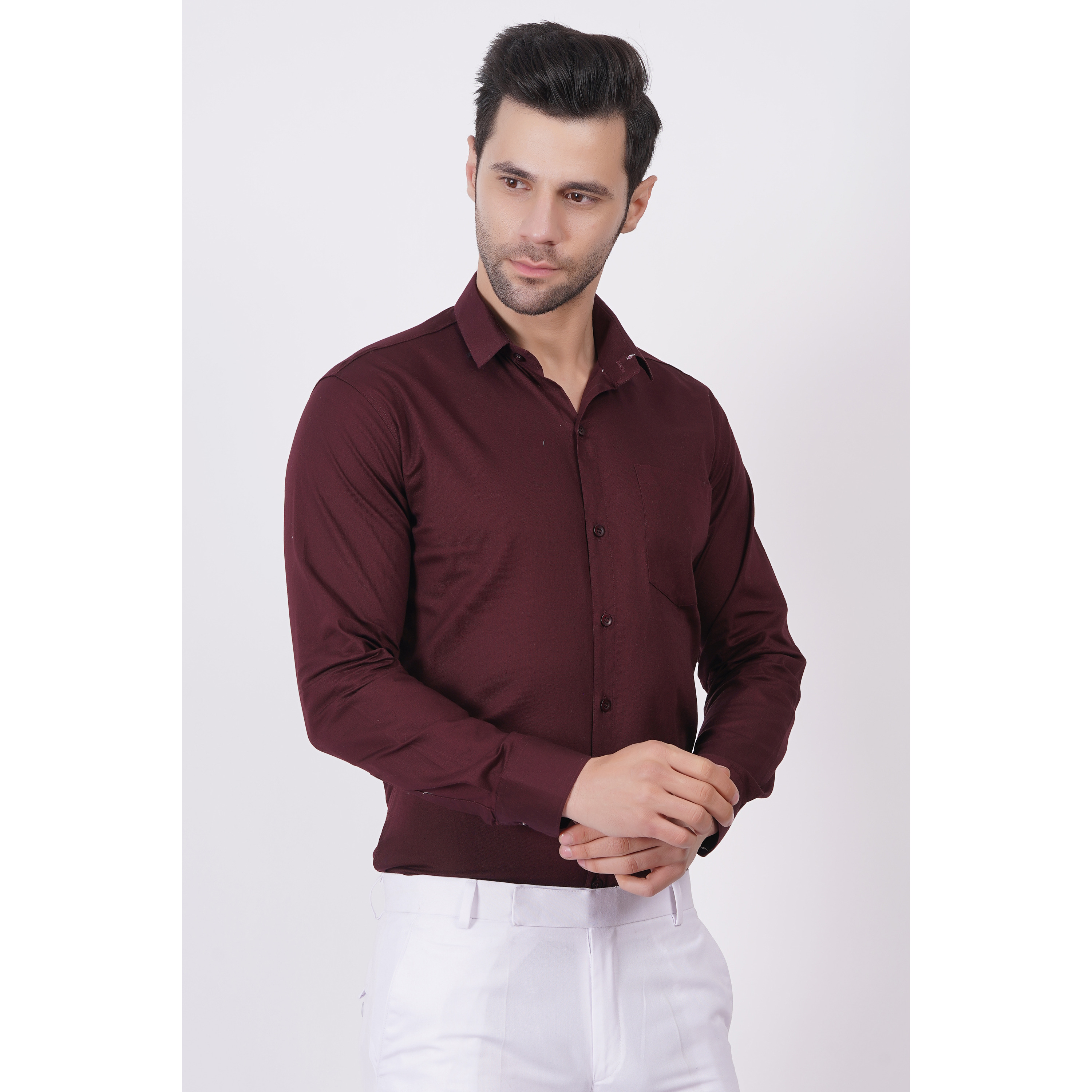 MEN SULL SLEEVE COTTON BROWN SHIRT WITH CHEST POCKET