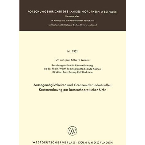 Aussagem?glichkeiten und Grenzen der industriellen Kostenrechnung aus kostentheo [Paperback]