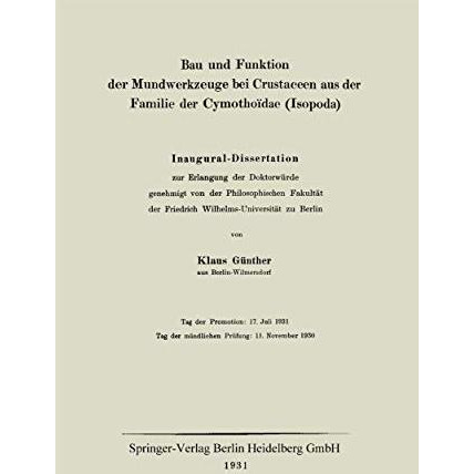 Bau und Funktion der Mundwerkzeuge bei Crustaceen aus der Familie der Cymotho?da [Paperback]