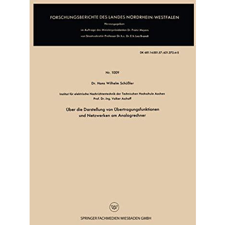 ?ber die Darstellung von ?bertragungsfunktionen und Netzwerken am Analogrechner [Paperback]