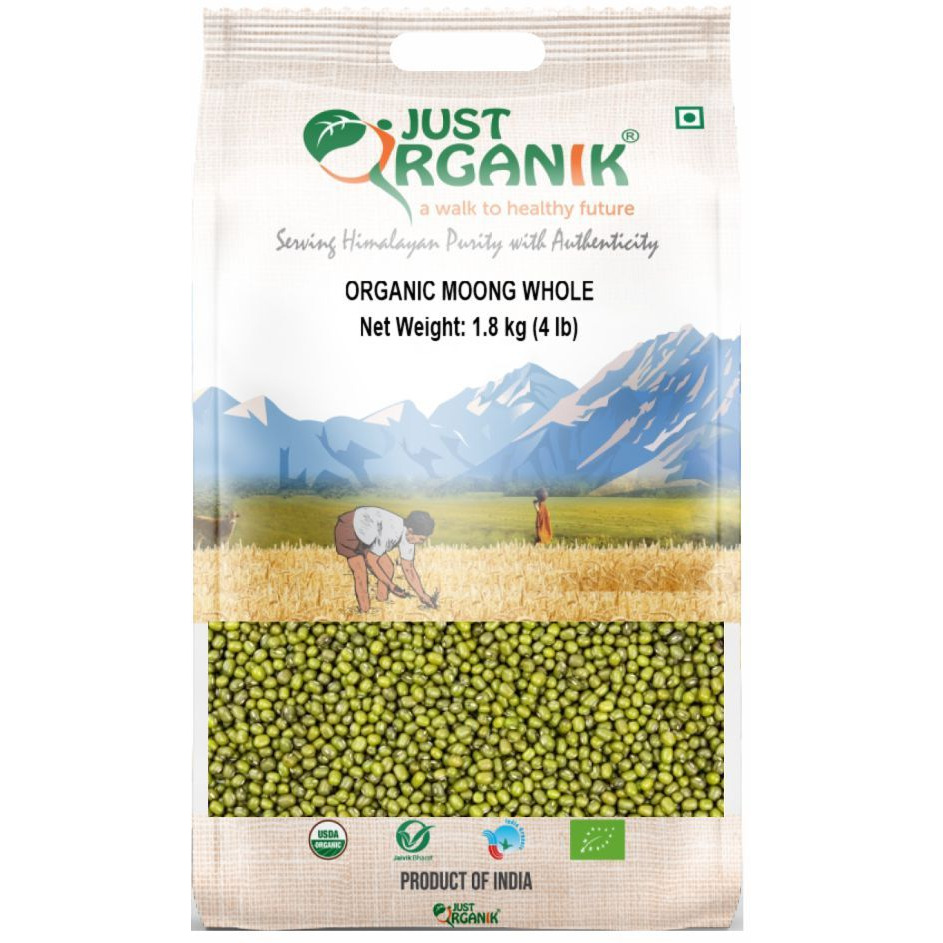 Just Organik Organic Green Lentil Whole, (Moong Whole), 4 lbs