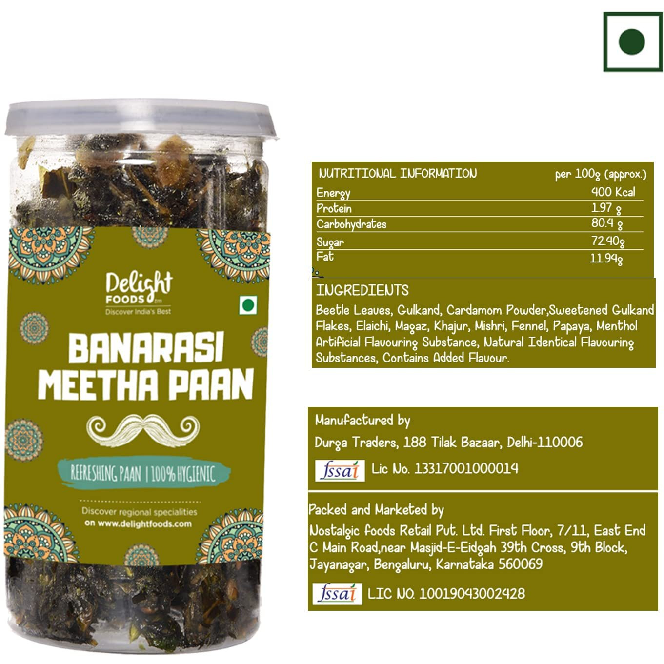 Delight Foods Karnataka Real Betel Leaf Banarasi Meetha Paan Mukhwas (Without Supari & Areca Nut) - 200g