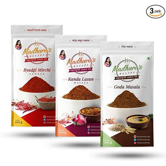 Madhura's recipe Masala (Pack of 3) Goda Masala - Byadgi Mirchi Powder - Kanda Lasun Masala (100 gm Each)