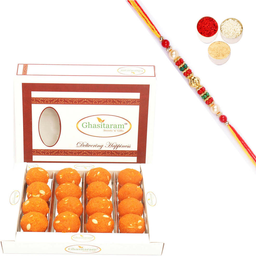 Rakhi Gifts Sweets-Motichoor /Boondi Laddoo Box (400 gms) with Pearl Beads Rakhi