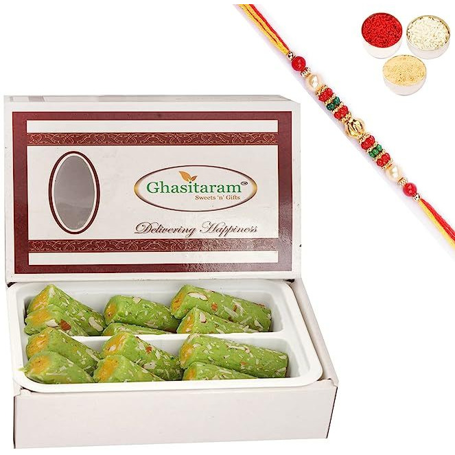 Ghasitaram Gifts Rakhi Gifts for Brothers Rakhi Sweets - KAJU Pista ROLL (200 GMS) with Beads Rakhi