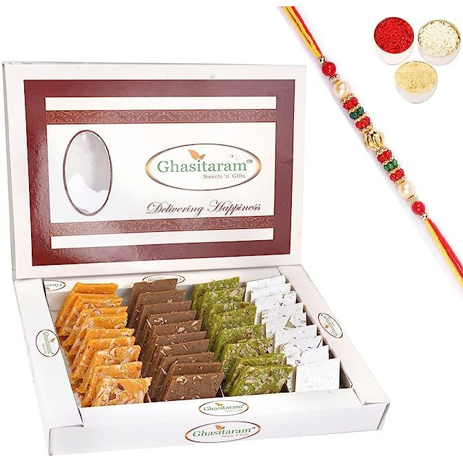 Ghasitaram Gifts Rakhi Gifts for Brothers Rakhi Sweets - Pure Assorted Kaju Katlis 400 GMS with Beads Rakhi