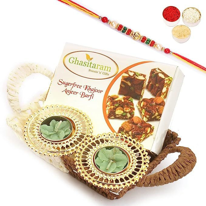 Ghasitaram Gifts Rakhi Gifts for Brothers Small Metal Brown Basket of Sugarfree Bites and T-Lite with Beads Rakhi