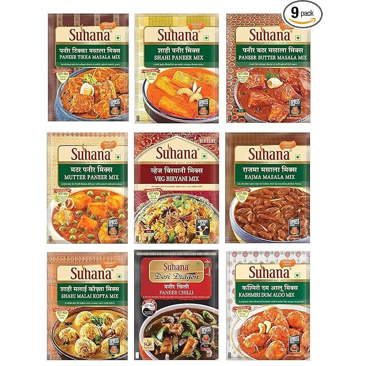 Suhana Spice Mixes -Paneer Butter , Veg Biryani , Paneer Tikka , Shahi Paneer , Kashmiri Dum Aloo , Rajma Masala , Paneer Chilli , Mutter Paneer ix, Shahi Malai Kofta -Combo of 9