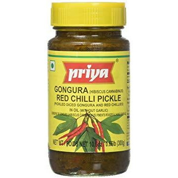 Case of 24 - Priya Gongura Red Chilli Pickle Without Garlic - 300 Gm (10.58 Oz)
