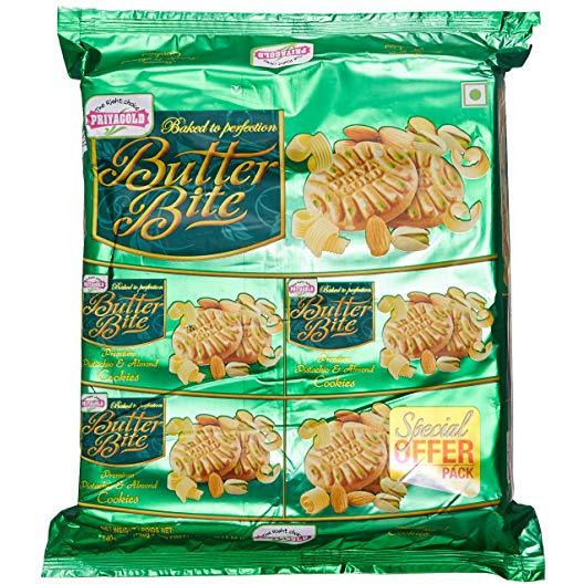 Case of 12 - Priyagold Butter Bite Pistachio Almond Cookies - 520 Gm (1.14 Lb)