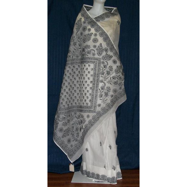 Saree 1689 White Cotton Lucknavi Sari Shieno Sarees