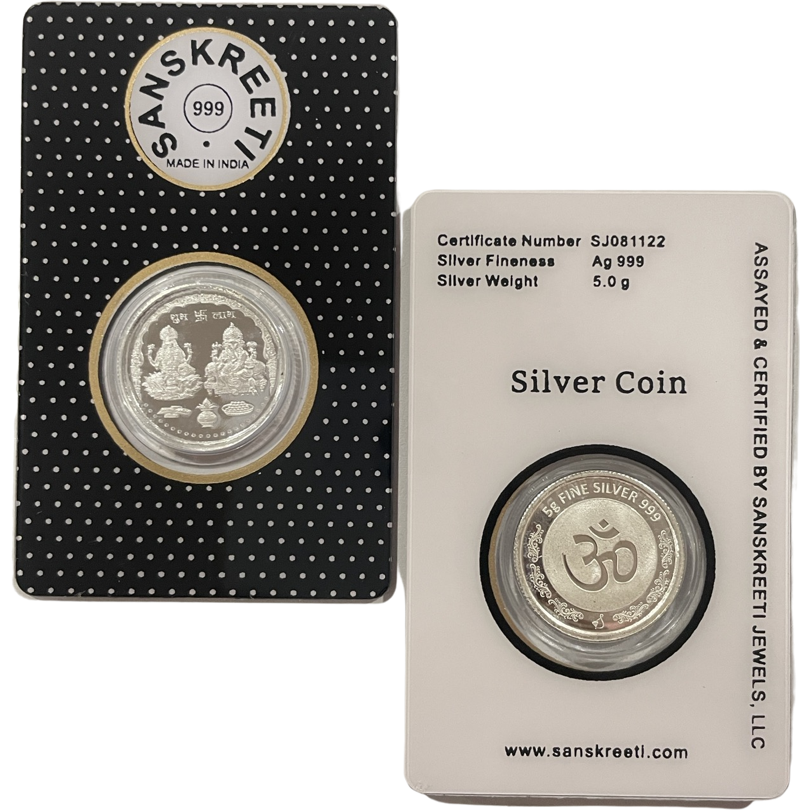 999 Pure Silver Ganesha Lakshmi / Laxmi Five Grams Sealed Coin