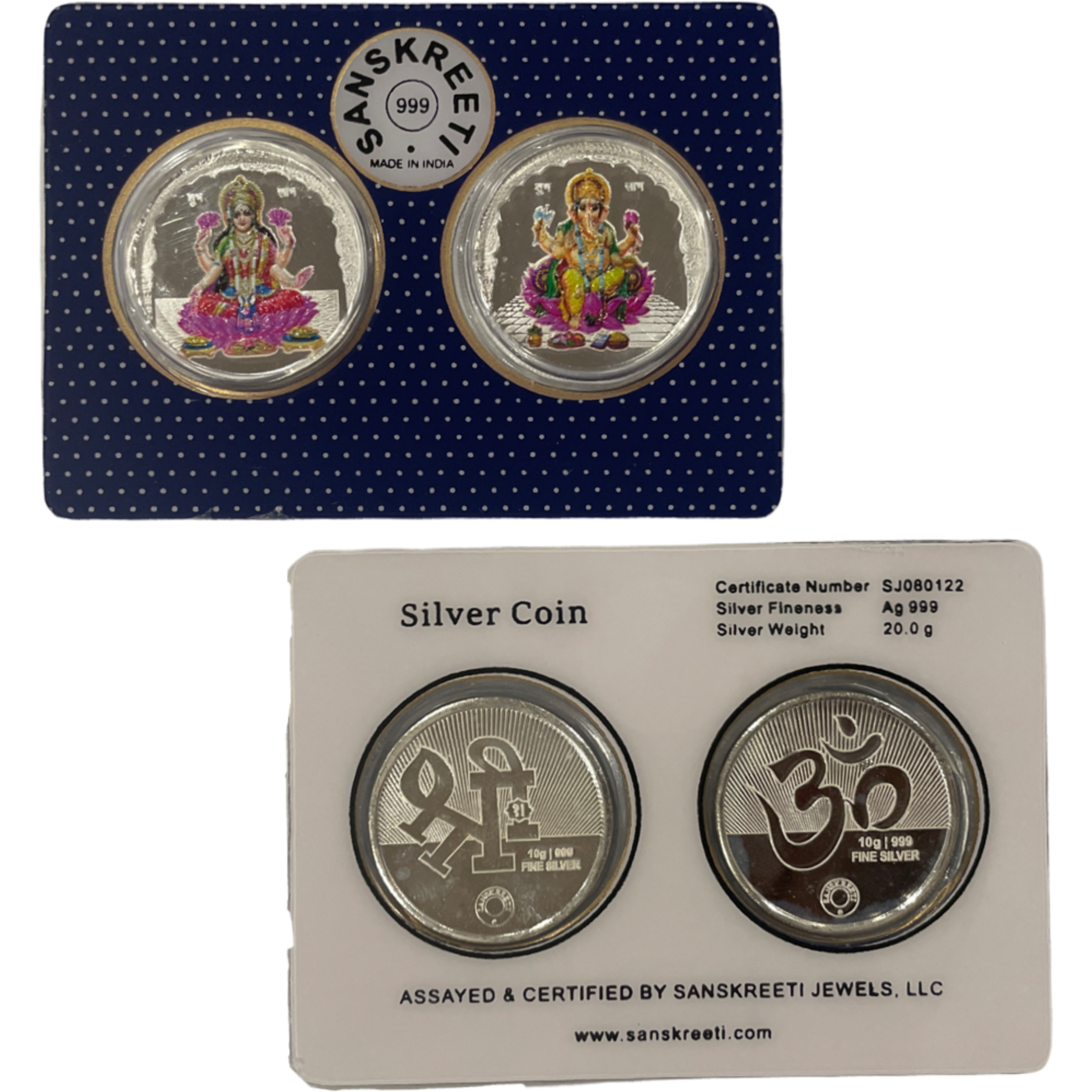 999 Pure Silver Ganesha Lakshmi / Laxmi 10 Gram Meena Coin Sealed Pair Set