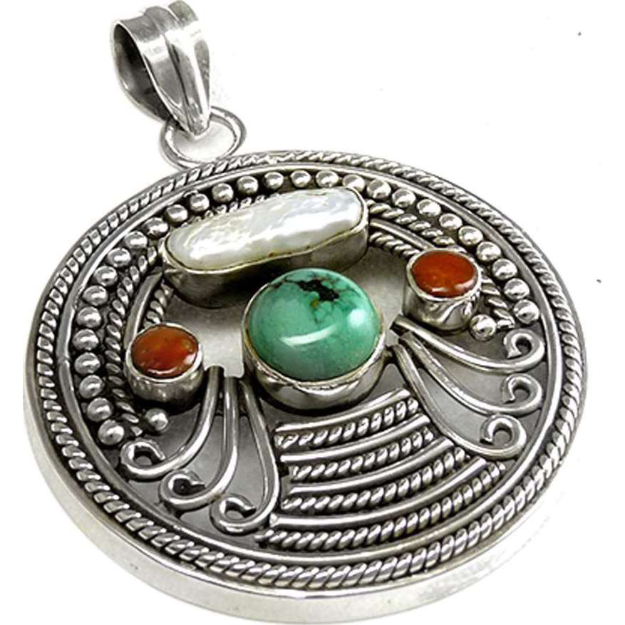 Spell !! 925 Sterling Silver Coral, Turquoise, South Sea Pearl Pendant