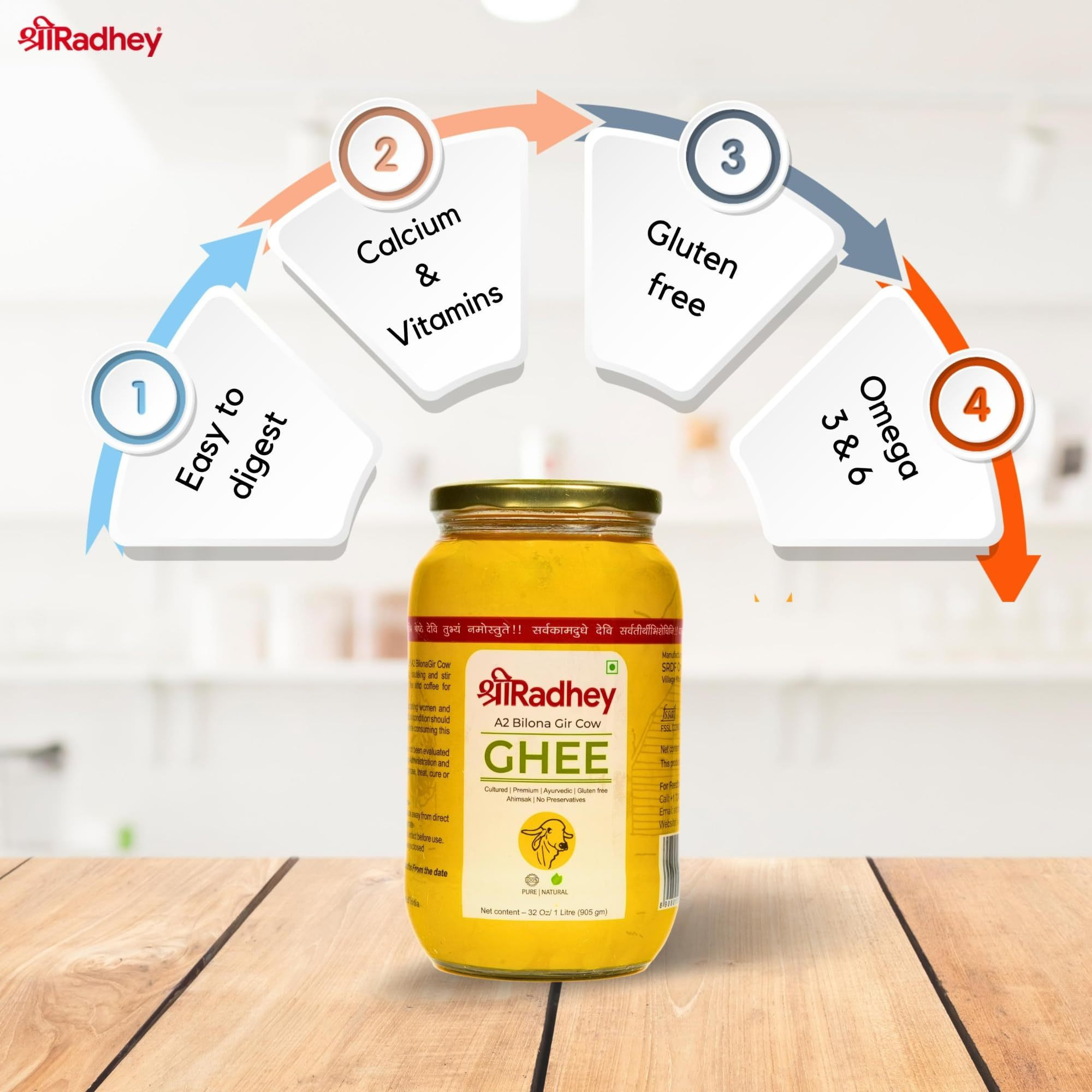 Shree Radhey Certified A2 Gir Cow Ghee - (Traditionaly Churned) Keto Friendly 1000ml X 2