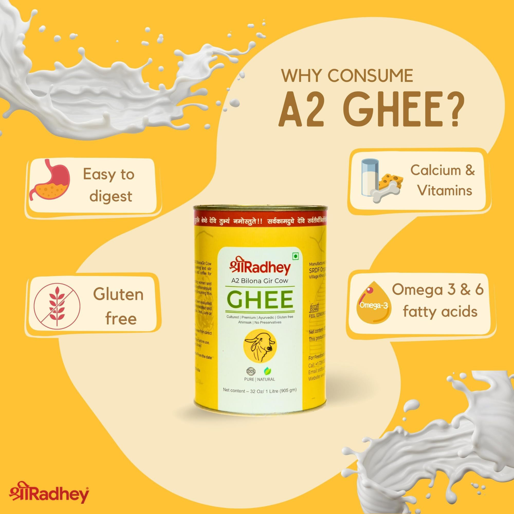 Shree Radhey Certified A2 Gir Cow Ghee - (Traditionaly Churned) Keto Friendly ( 1000ml TIN )