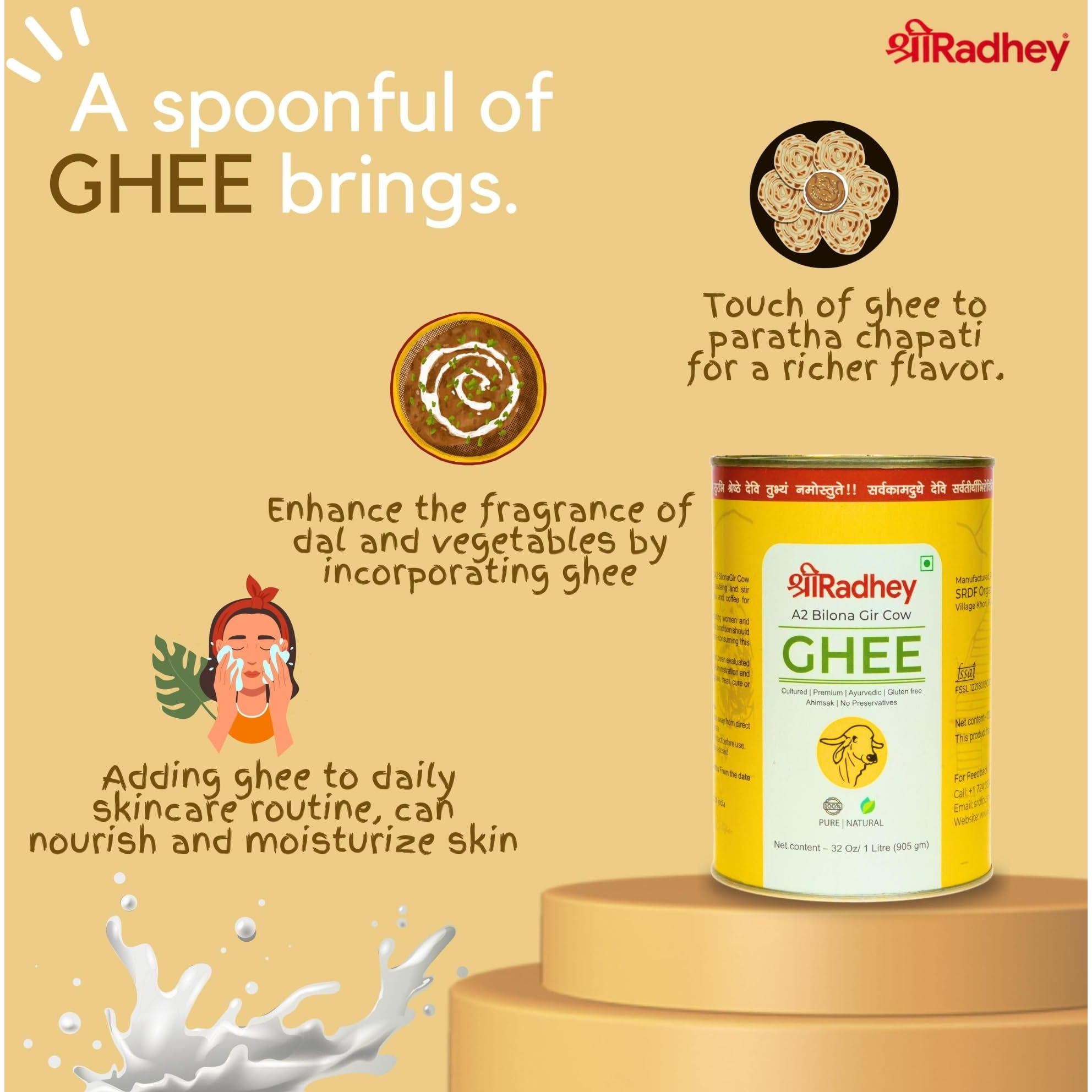 Shree Radhey Certified A2 Gir Cow Ghee - (Traditionaly Churned) Keto Friendly ( 1000ml TIN )