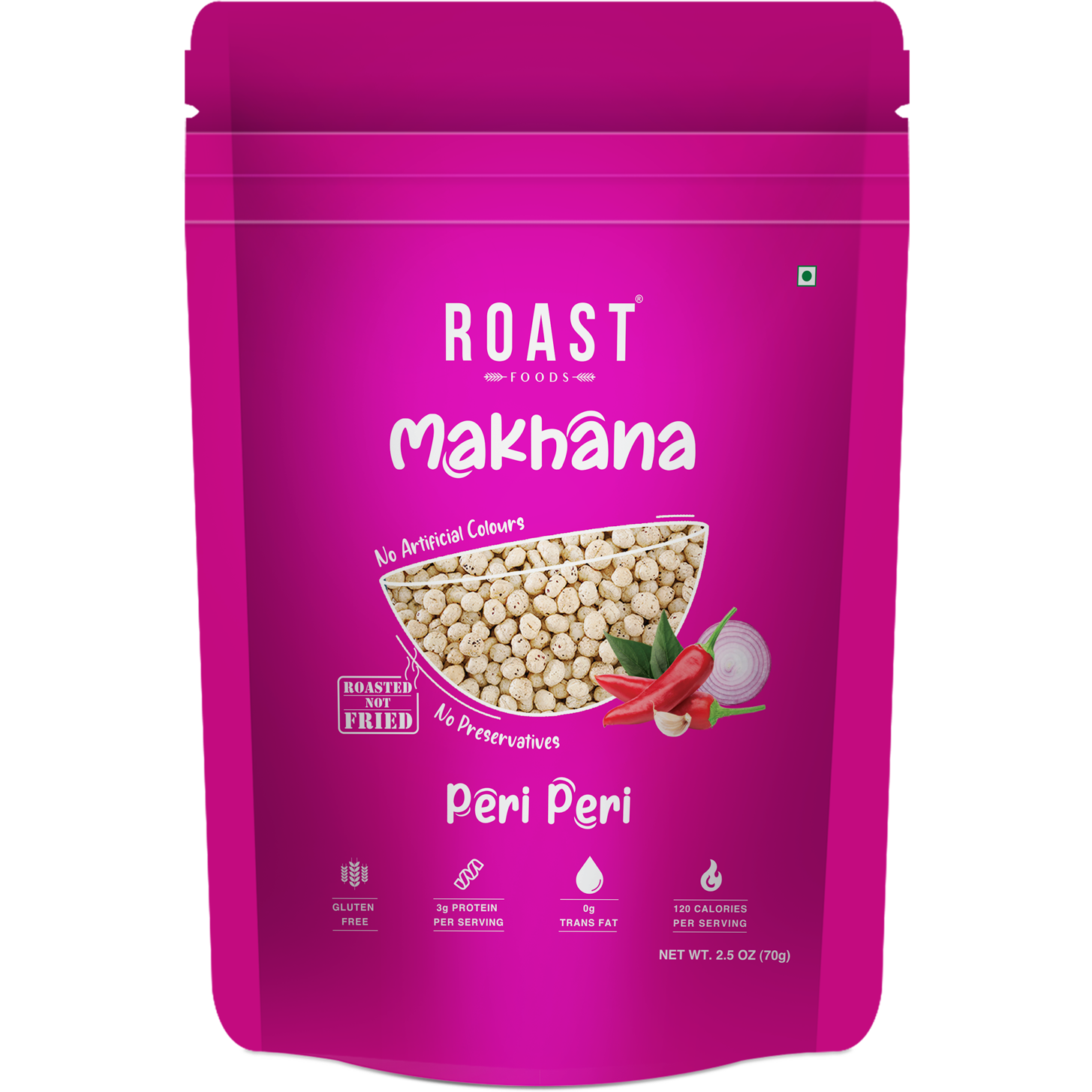 Case of 12 - Roast Foods Makhana Foxnuts Peri Peri - 70 Gm (2.5 Oz)