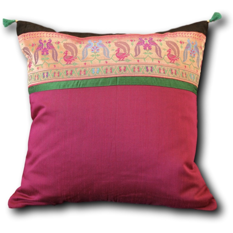 Silk Brocade Border Pillow Cover - 18  x18     -