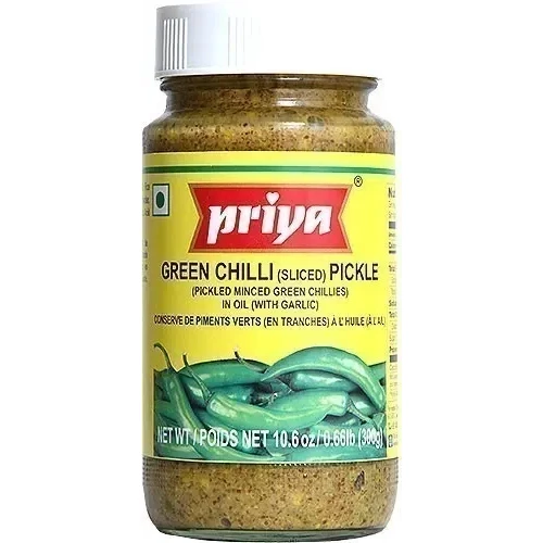 Priya Green Chili (Sliced) Pickle ith Garlic (300 gm bottle)