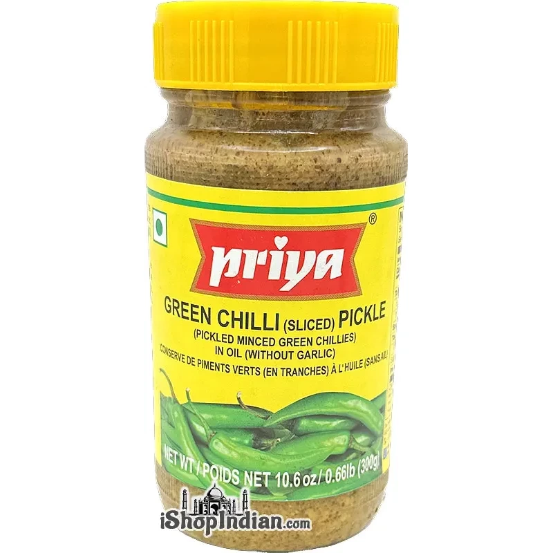 Priya Green Chili (Sliced) Pickle ithout Garlic (300 gm bottle)