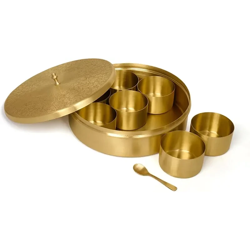 Saga Handmade Pure Brass Masala Dabba (Box) - Embossed - 9 inch