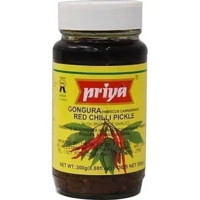 Priya Gongura Red Chili Pickle ithout Garlic (300 gm bottle)