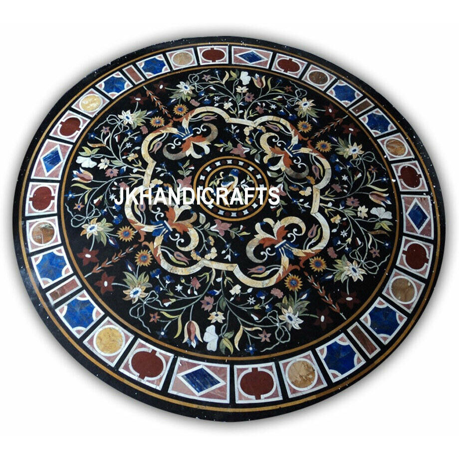 48   Black Round Marble Dining Table Top Semi Precious Mosaic Inlay Hallway Decor