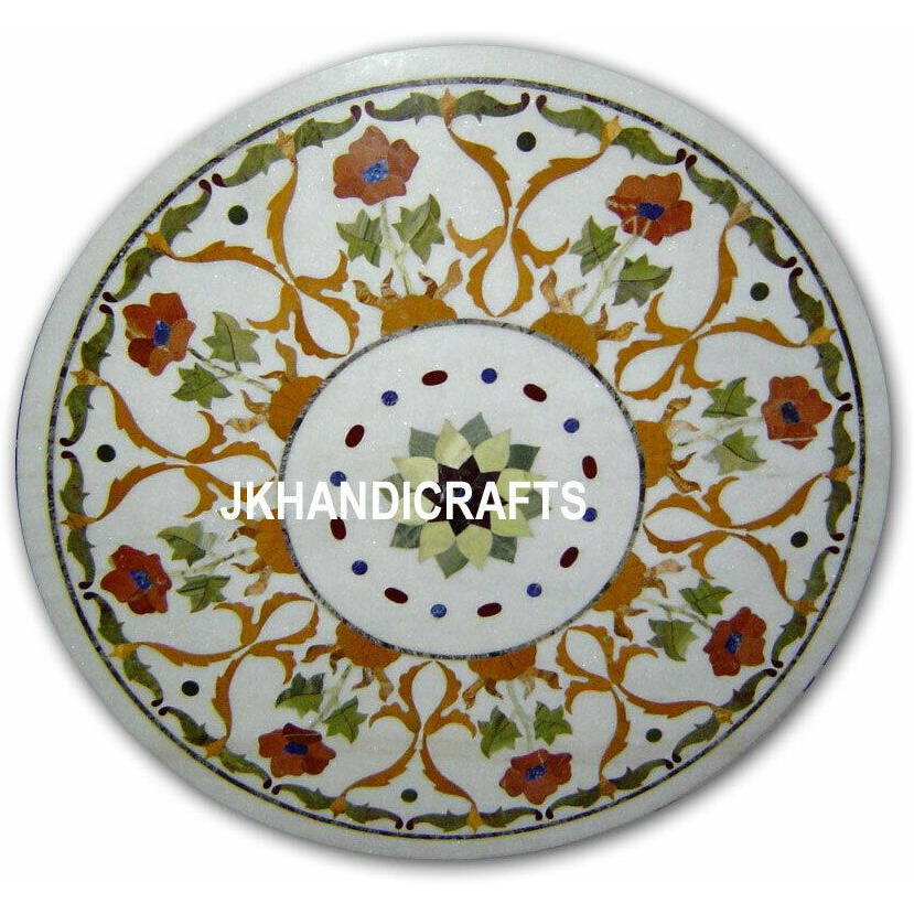 24   White Round Marble Coffee End Table Top Haklik Mosaic Inlay Hallay Decor