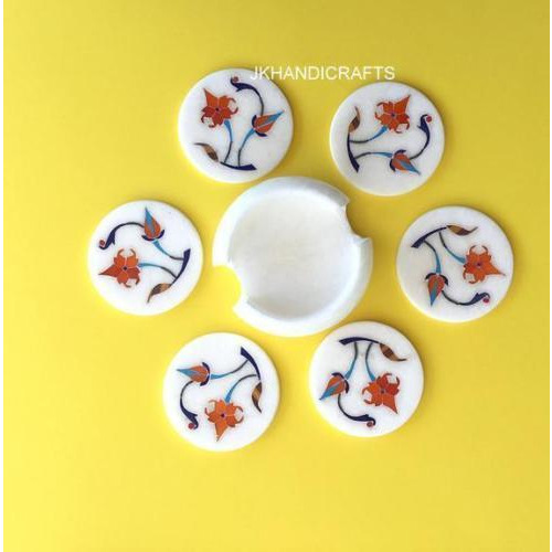 4   Marble coffee Coaster Set of 6 Pc Hakik Floral Inlaid Art Restaurant Decor