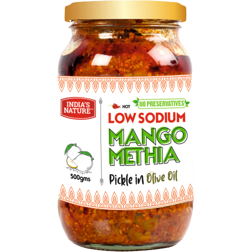 Case of 18 - India's Nature Low Sodium Mango Methia Pickle In Olive Oil - 500 Gm (1.1 Lb)